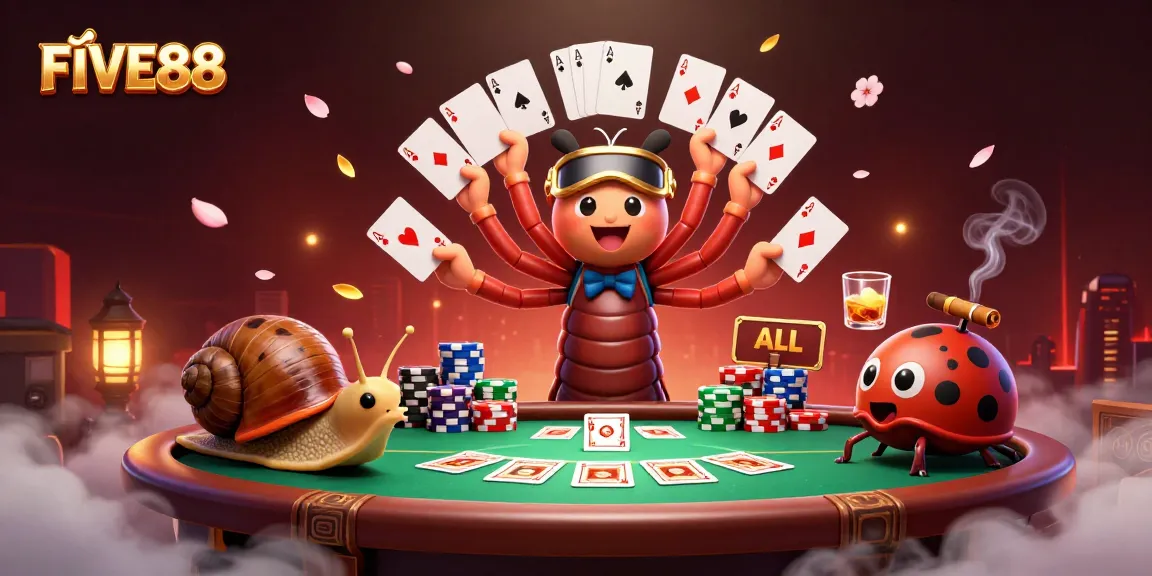 Engage in thrilling gameplay at FIVE88 with vibrant casino characters and dynamic poker scene.