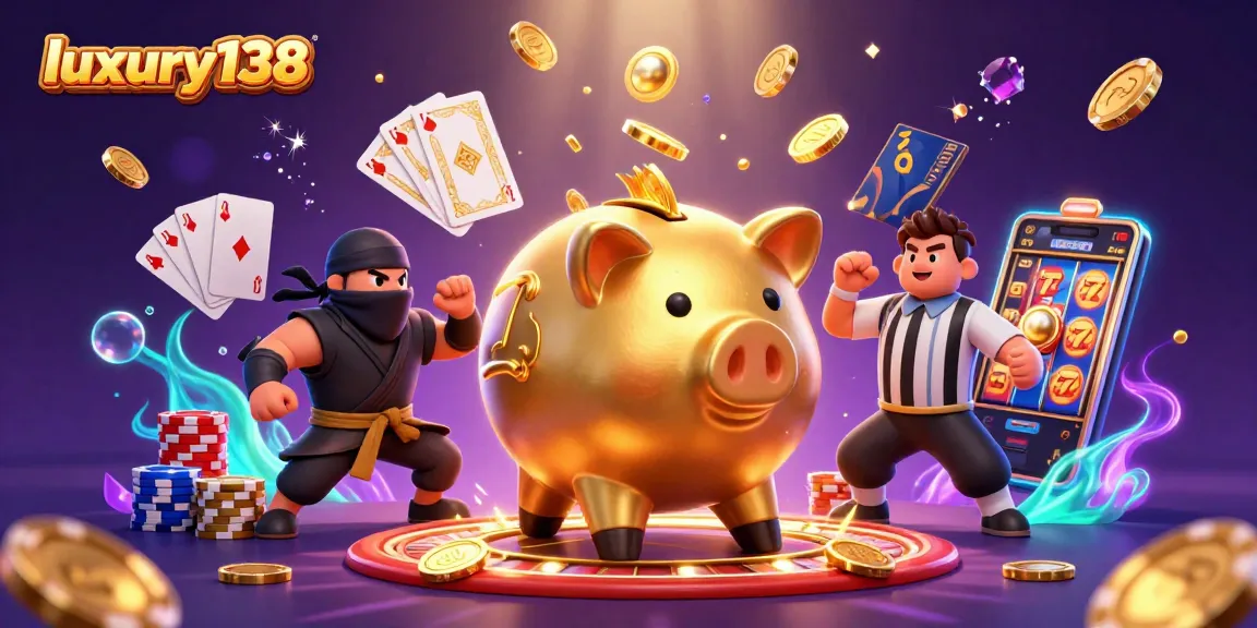 Spin and win on luxury138's exciting slots featuring a vibrant casino scene with dynamic piggy bank characters.