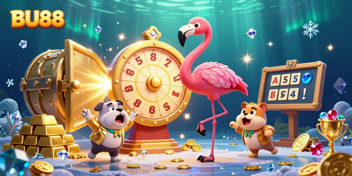BU88 contestants celebrate big wins with vibrant casino-themed elements in a lively 3D illustration.