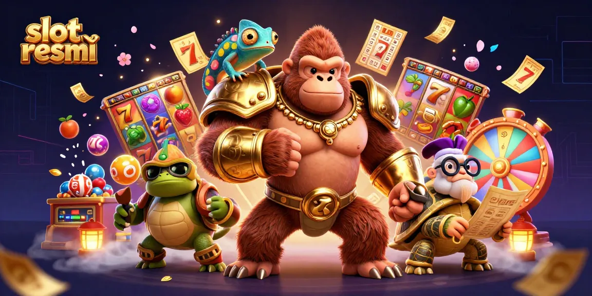 Mempromosikan slot resmi dengan karakter ikon kasino dalam ilustrasi 3D yang penuh warna dan detail.