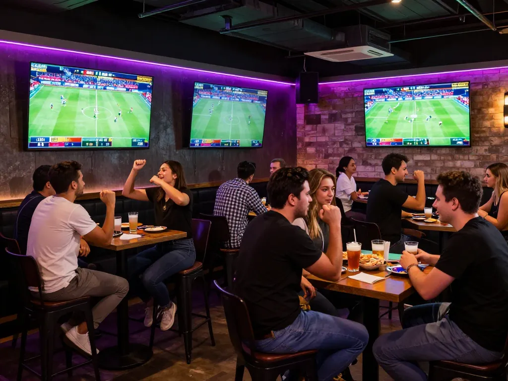 Friends enthusiastically using F168 for live sports betting at a social bar environment