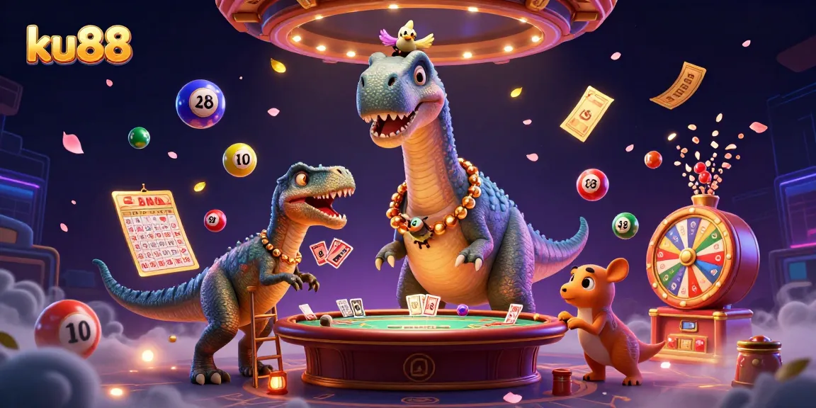 ku88 showcases a dynamic casino scene with a towering brontosaurus playing poker, vibrant lottery balls, and festive elements.