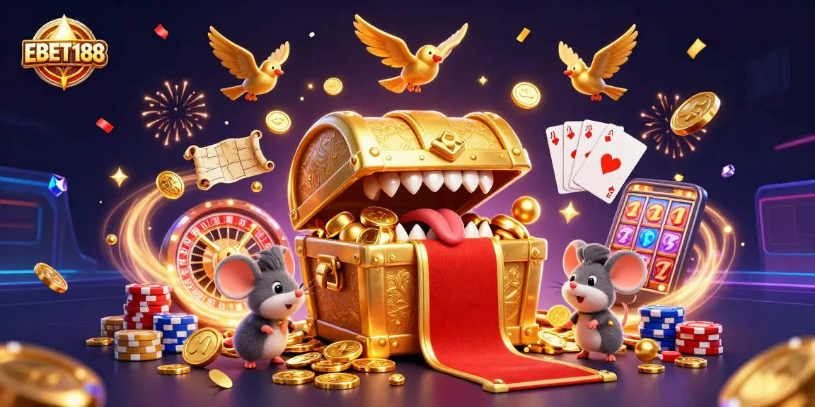 Unlock your fortune with EBET188 in this vibrant, action-packed casino illustration.