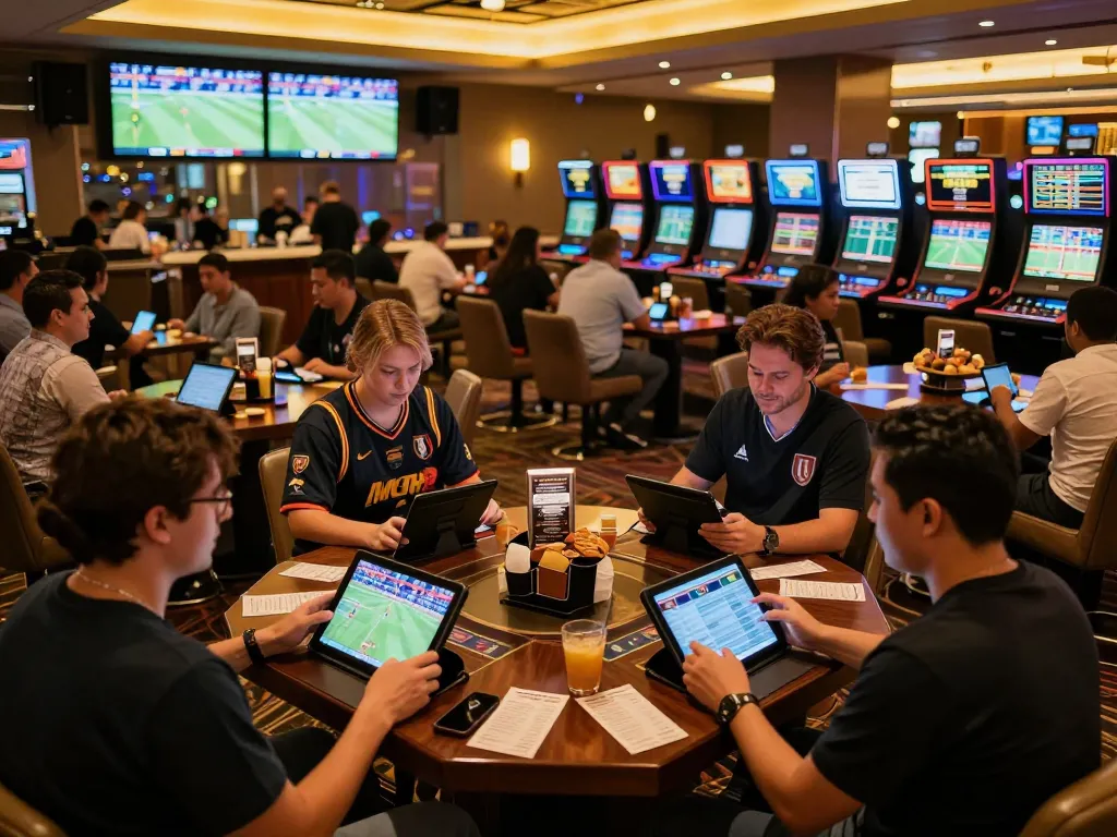 Engaged bettors placing stakes on live sports events at CM88's modern lounge with LED displays.