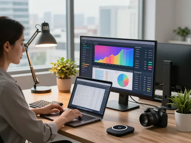 Tech gadgets for productivity in a modern office featuring a woman using a laptop, monitor with data charts, and stylish workstation elements.