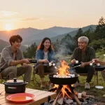 Group enjoying outdoor cooking with ROKOK88 cast iron gear at sunset.