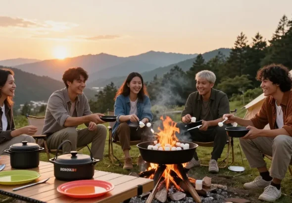Group enjoying outdoor cooking with ROKOK88 cast iron gear at sunset.