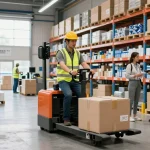 Operator using an electric pallet jack to efficiently transport goods in a bright warehouse.