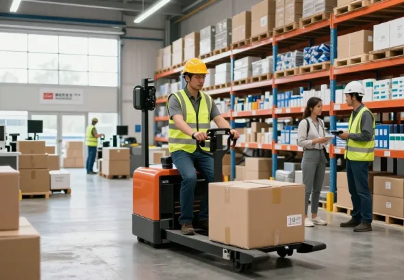 Operator using an electric pallet jack to efficiently transport goods in a bright warehouse.